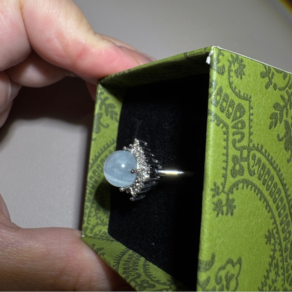 💧 Star Aquamarine Ring 💙 Gentle Blue Shine with Halo Crystal Band - Picture 5 of 12